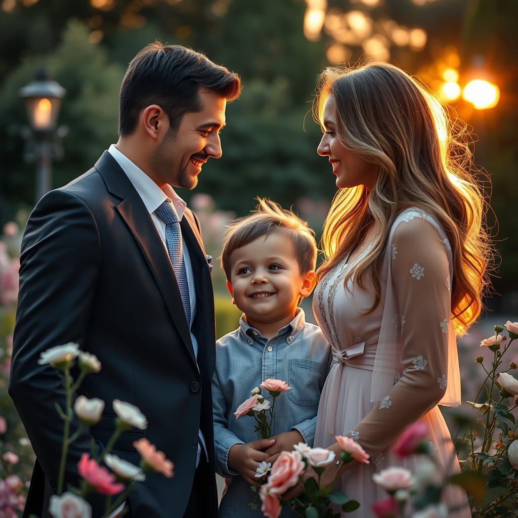 A charming and romantic scene with a handsome man, a confident CEO in a tailored suit, and a beautiful woman with long flowing hair, both gazing deeply into each other's eyes, radiating strong emotions