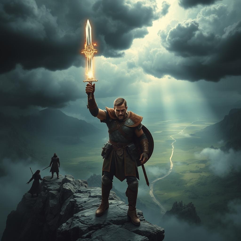 An epic scene depicting a man on a transformative journey to discover his true identity while grappling with an imminent destiny