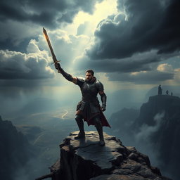 An epic scene depicting a man on a transformative journey to discover his true identity while grappling with an imminent destiny