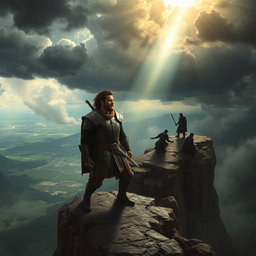 An epic scene depicting a man on a transformative journey to discover his true identity while grappling with an imminent destiny