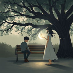 A poignant scene illustrating the story of a young man in his twenties, engulfed in feelings of emptiness and a quest for meaning in his life