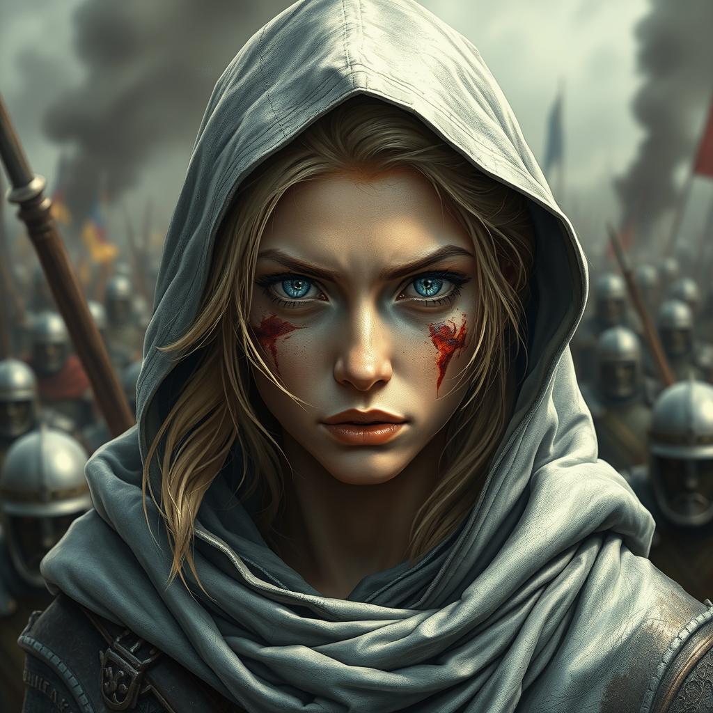 A fierce warrior with bright blue eyes and fair skin, characterized by bright blonde hair