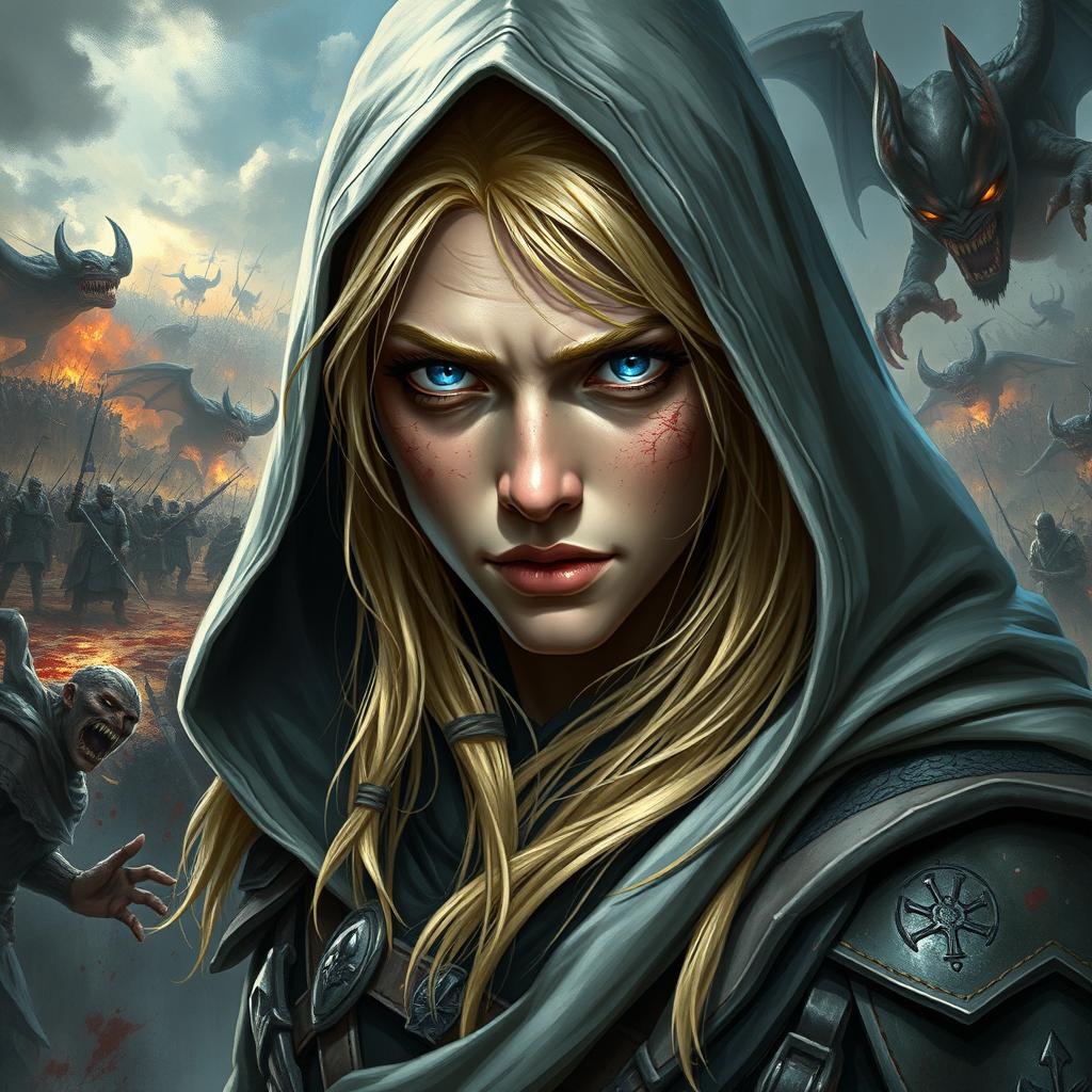 A fierce warrior with bright blue eyes and fair skin, adorned with long, bright blonde hair