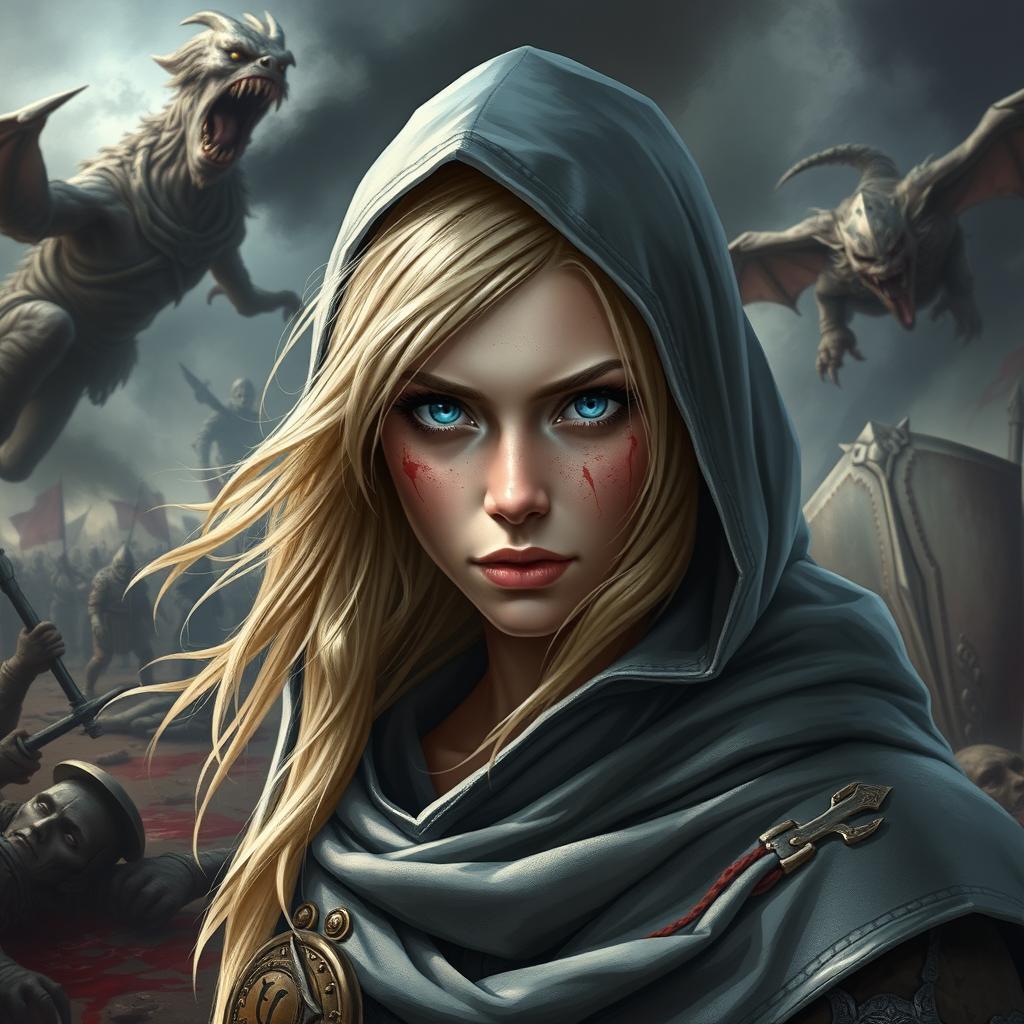 A fierce warrior with bright blue eyes and fair skin stands resolute amidst a chaotic battlefield