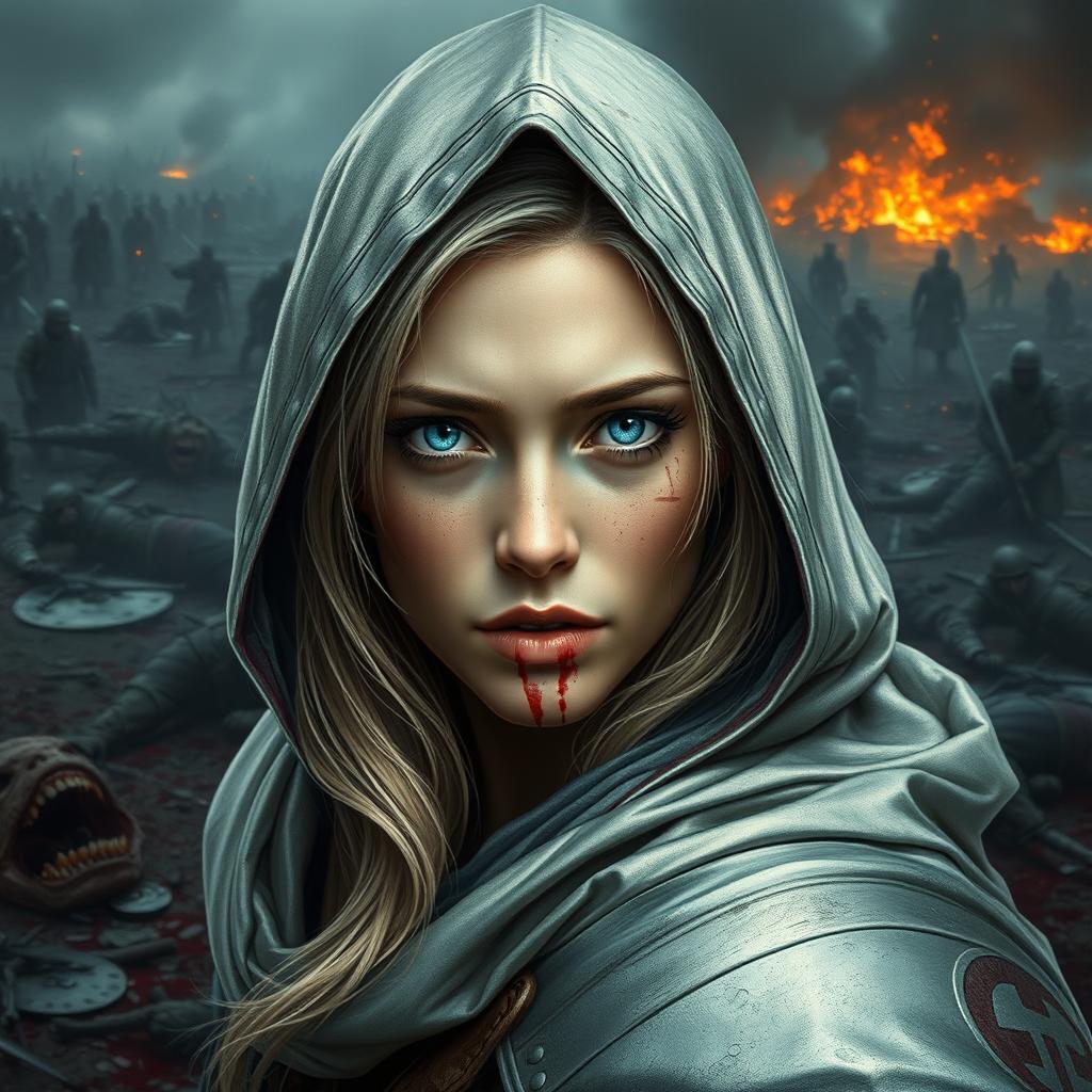 A fierce warrior with bright blue eyes and fair skin, showcasing bright blonde hair