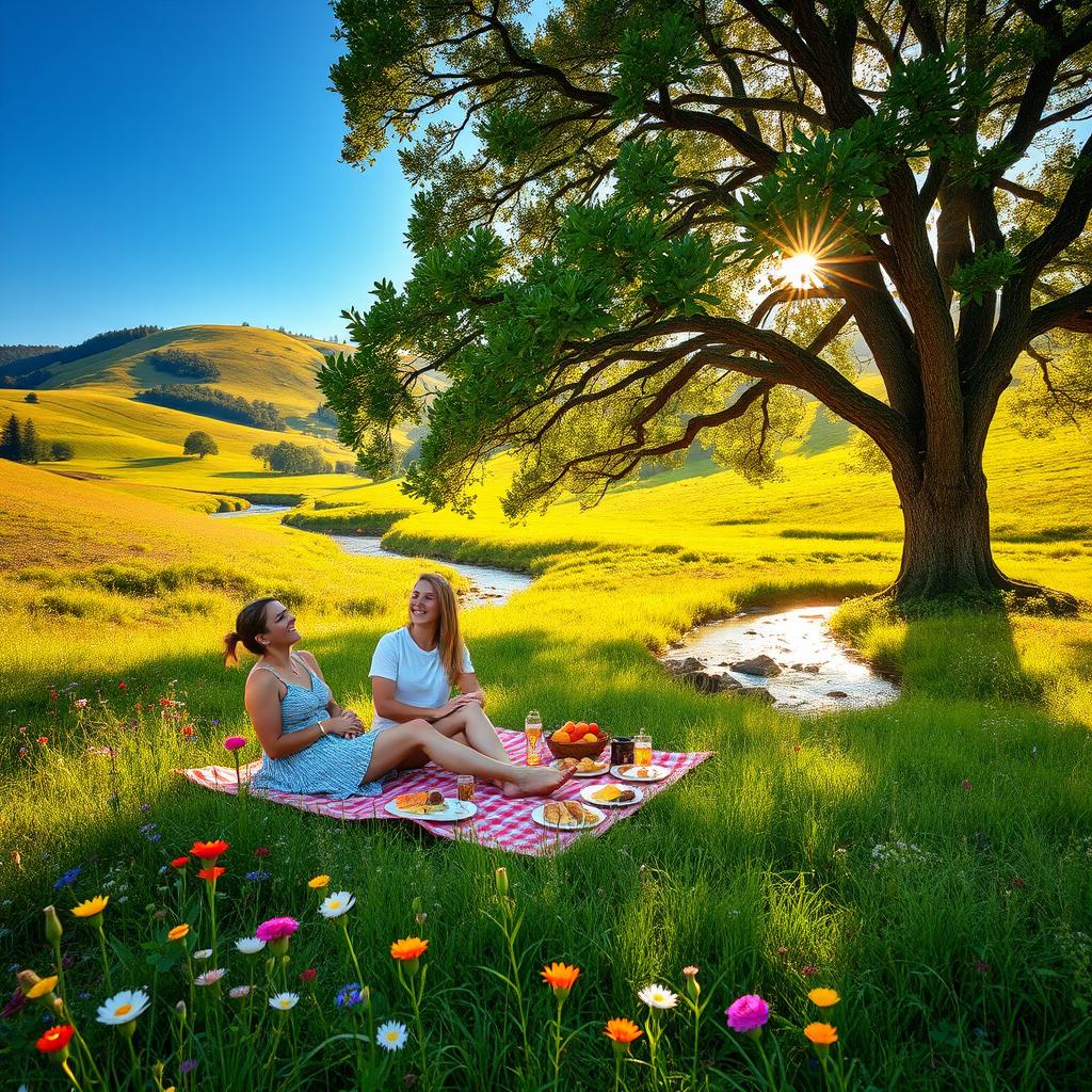 A serene landscape featuring a lush green meadow with wildflowers in various bright colors under a clear blue sky, enhanced by a gentle breeze that rustles the grass