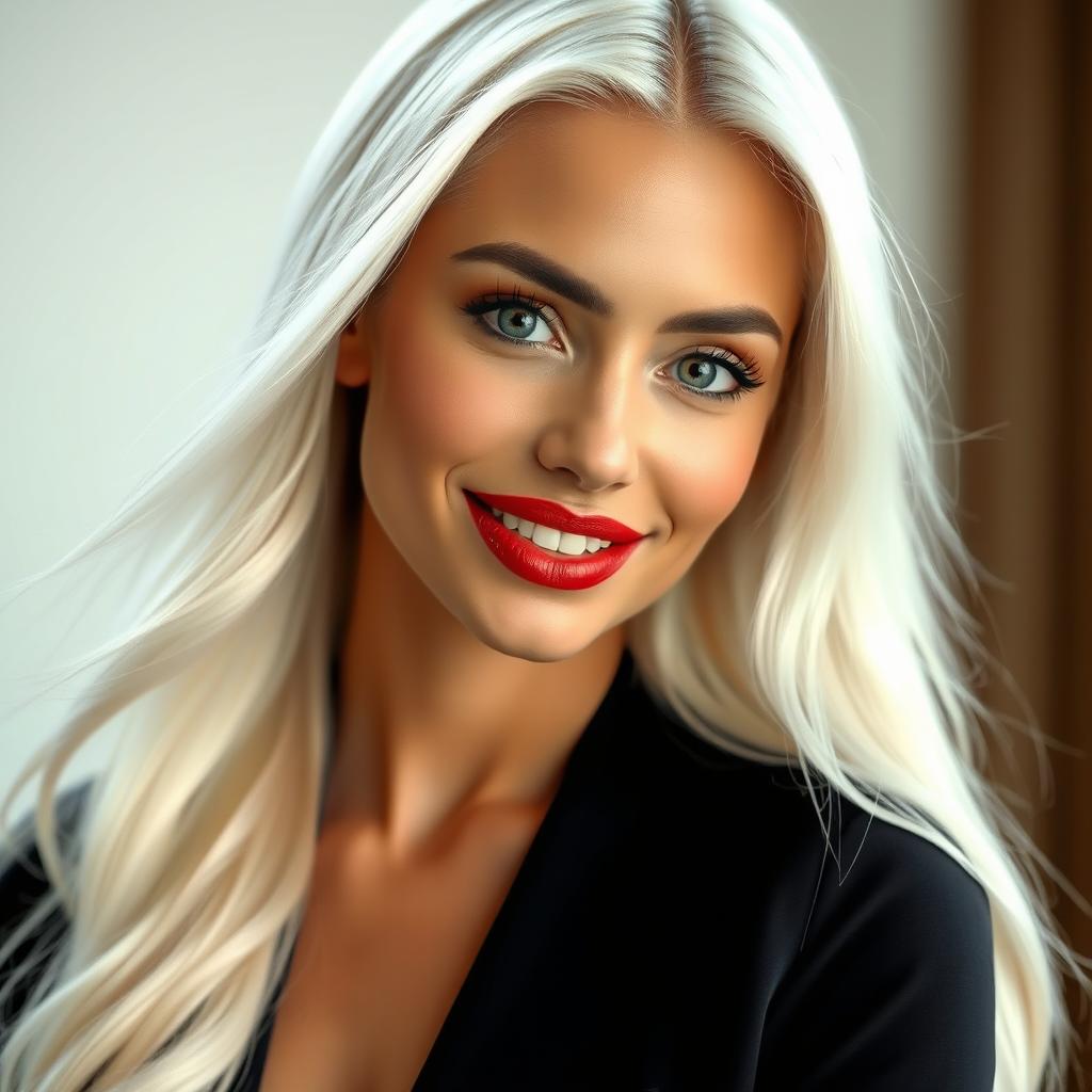 A beautiful white woman with long, flowing white hair that glistens in the light, featuring natural, plump, red lips that are captivating and alluring