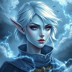 A stunning DnD character art illustration of Maeve, a striking figure with luminous light blue skin and elegant elven ears