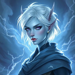 A stunning DnD character art illustration of Maeve, a striking figure with luminous light blue skin and elegant elven ears