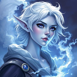A stunning DnD character art illustration of Maeve, a striking figure with luminous light blue skin and elegant elven ears