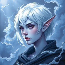 A stunning DnD character art illustration of Maeve, a striking figure with luminous light blue skin and elegant elven ears