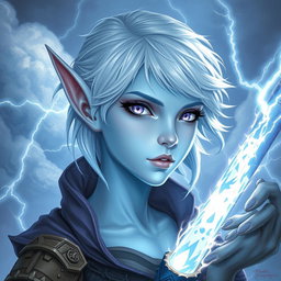 A captivating DnD character art piece featuring Maeve, an enchanting figure with luminous light blue skin and distinctive elven ears