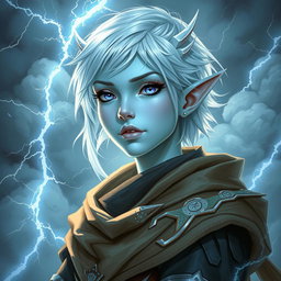 A captivating DnD character art piece featuring Maeve, an enchanting figure with luminous light blue skin and distinctive elven ears