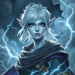 A captivating DnD character art piece featuring Maeve, an enchanting figure with luminous light blue skin and distinctive elven ears