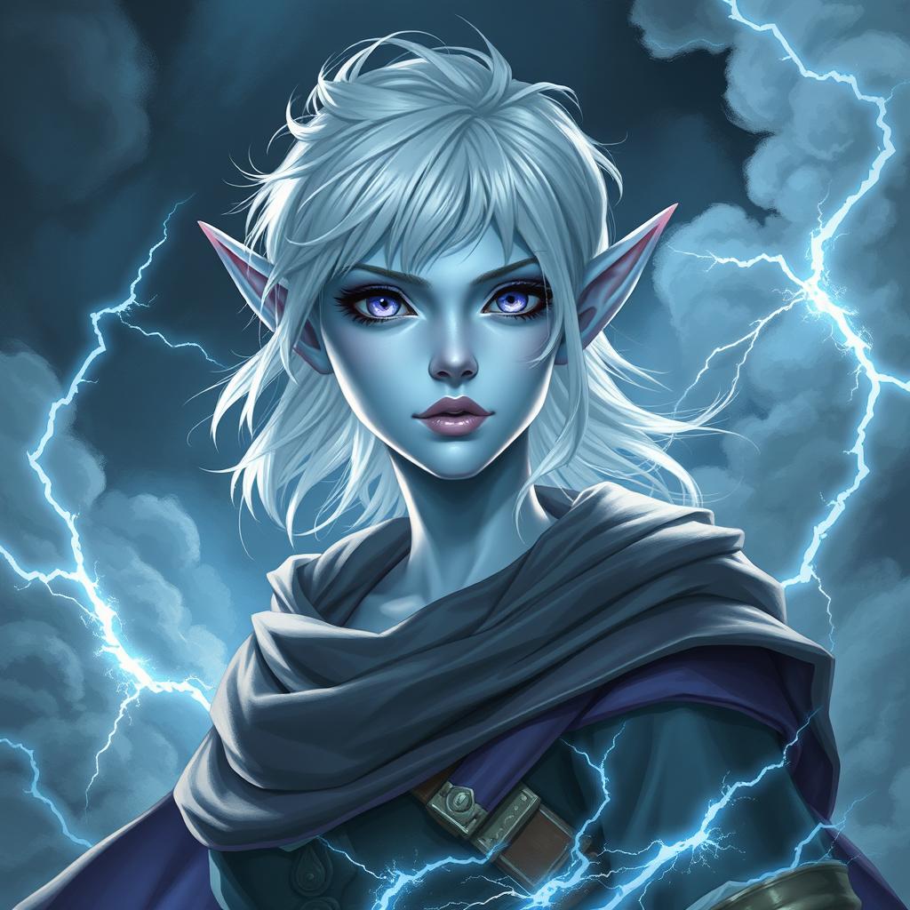 A captivating DnD character art piece featuring Maeve, an enchanting figure with luminous light blue skin and distinctive elven ears