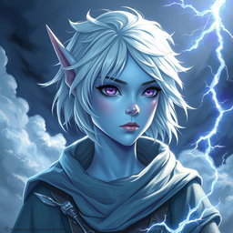 A captivating DnD character art piece featuring Maeve, an enchanting figure with luminous light blue skin and distinctive elven ears