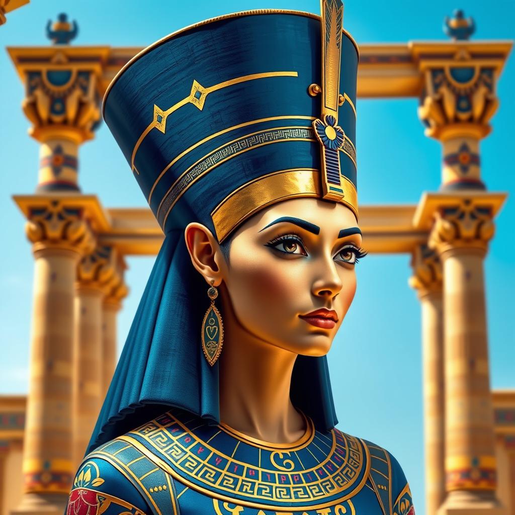 A stunning portrait of Queen Nefertiti, featuring her iconic headress adorned with lapis lazuli and gold accents