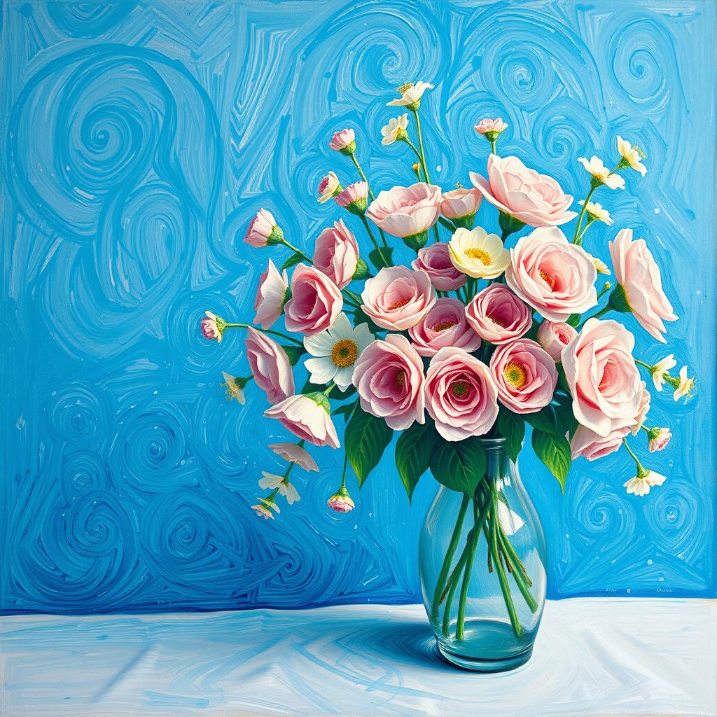A Van Gogh style painting depicting a panoramic view of a vase filled with pastel colored flowers, set against a serene Mediterranean blue background