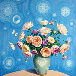 A Van Gogh style painting depicting a panoramic view of a vase filled with pastel colored flowers, set against a serene Mediterranean blue background