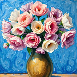 A Van Gogh style painting depicting a panoramic view of a vase filled with pastel colored flowers, set against a serene Mediterranean blue background