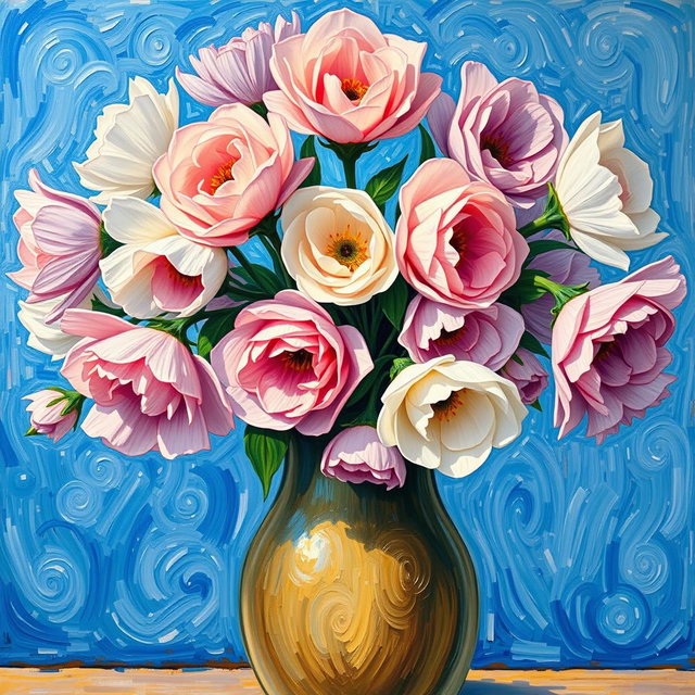 A Van Gogh style painting depicting a panoramic view of a vase filled with pastel colored flowers, set against a serene Mediterranean blue background
