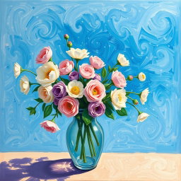 A Van Gogh style painting depicting a panoramic view of a vase filled with pastel colored flowers, set against a serene Mediterranean blue background
