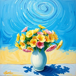 A beautiful van Gogh style painting featuring a panoramic view of a white vase filled with pastel-colored flowers, against a vibrant Mediterranean blue background