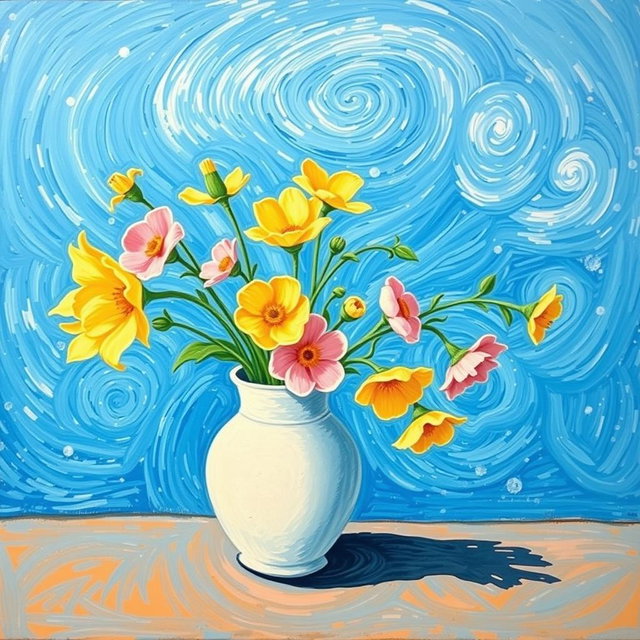 A beautiful van Gogh style painting featuring a panoramic view of a white vase filled with pastel-colored flowers, against a vibrant Mediterranean blue background