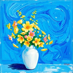 A beautiful van Gogh style painting featuring a panoramic view of a white vase filled with pastel-colored flowers, against a vibrant Mediterranean blue background