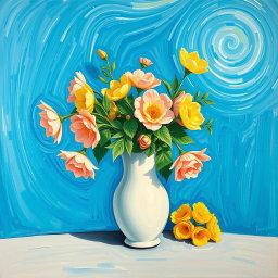 A beautiful van Gogh style painting featuring a panoramic view of a white vase filled with pastel-colored flowers, against a vibrant Mediterranean blue background