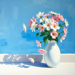 A panoramic painting in the style of Claude Monet, featuring a white vase filled with pastel colored flowers against a Mediterranean blue background