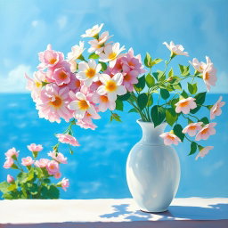 A panoramic painting in the style of Claude Monet, featuring a white vase filled with pastel colored flowers against a Mediterranean blue background