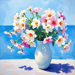 A panoramic painting in the style of Claude Monet, featuring a white vase filled with pastel colored flowers against a Mediterranean blue background
