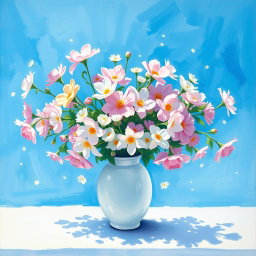 A panoramic painting in the style of Claude Monet, featuring a white vase filled with pastel colored flowers against a Mediterranean blue background