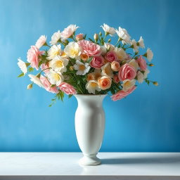 A baroque style painting featuring a panoramic view of a white vase filled with pastel-colored flowers, set against a Mediterranean blue background