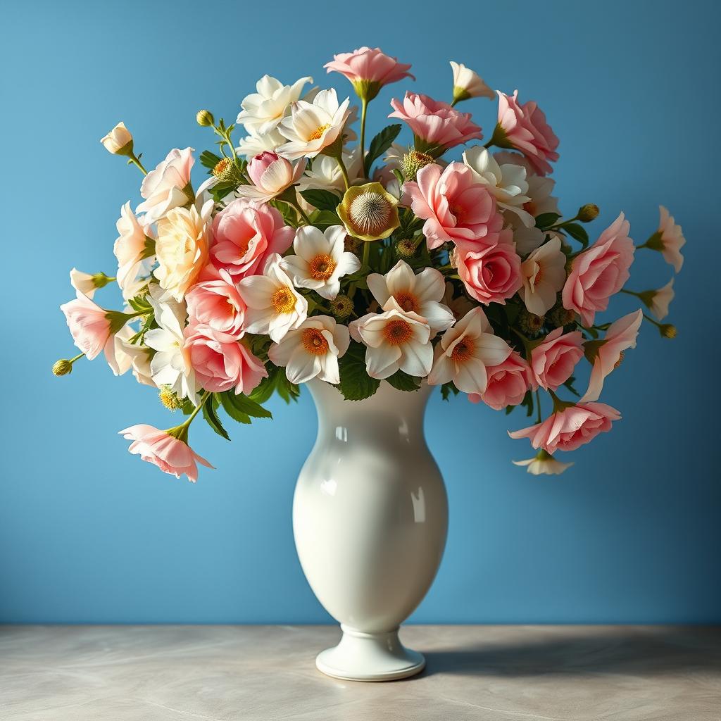 A baroque style painting featuring a panoramic view of a white vase filled with pastel-colored flowers, set against a Mediterranean blue background