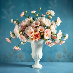 A baroque style painting featuring a panoramic view of a white vase filled with pastel-colored flowers, set against a Mediterranean blue background