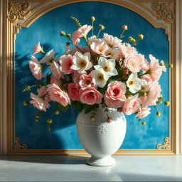 A baroque style painting featuring a panoramic view of a white vase filled with pastel-colored flowers, set against a Mediterranean blue background