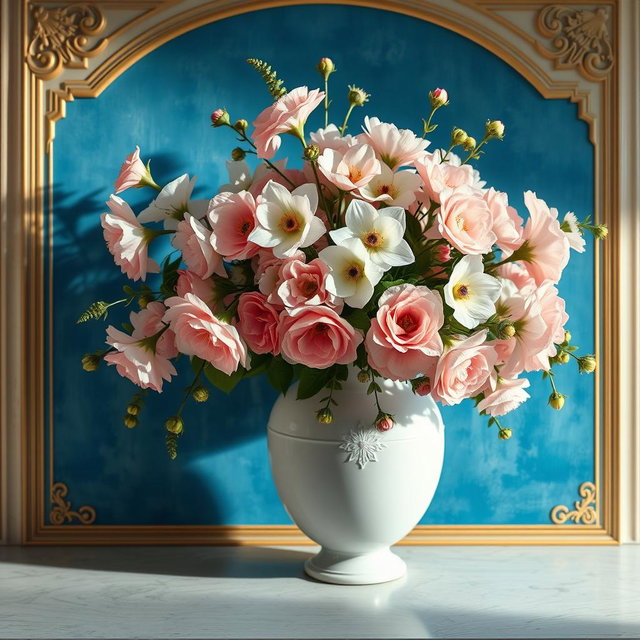 A baroque style painting featuring a panoramic view of a white vase filled with pastel-colored flowers, set against a Mediterranean blue background