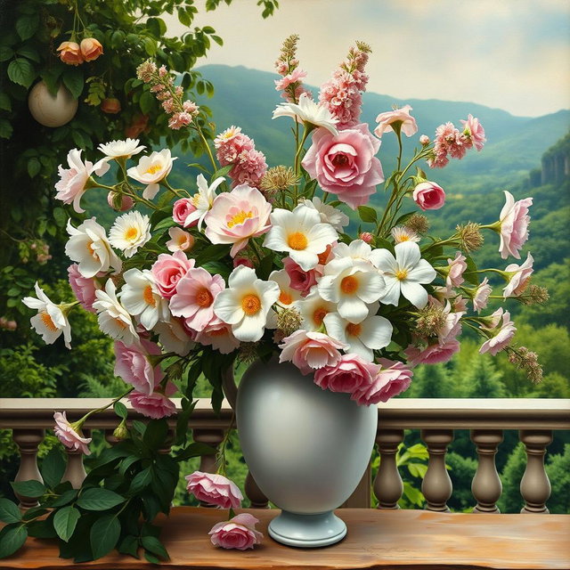 A Baroque style painting featuring a panoramic view with a matte white vase filled with pastel colored flowers
