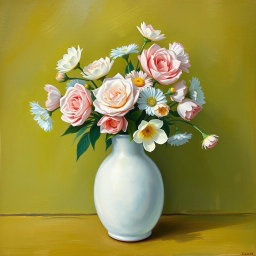 A picturesque Van Gogh style painting featuring a white matte vase filled with pastel-colored flowers like soft pinks, light blues, and yellows