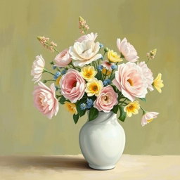 A picturesque Van Gogh style painting featuring a white matte vase filled with pastel-colored flowers like soft pinks, light blues, and yellows