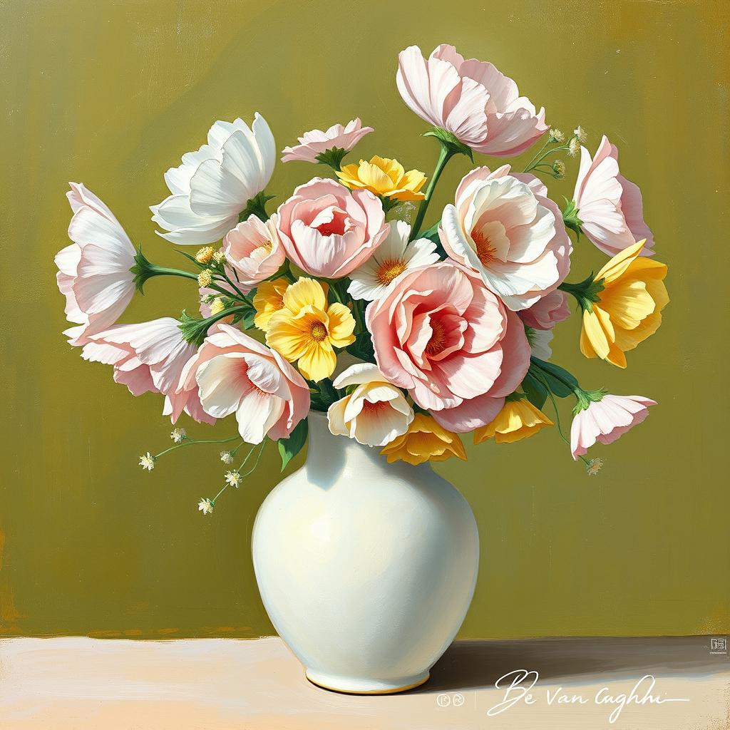 A picturesque Van Gogh style painting featuring a white matte vase filled with pastel-colored flowers like soft pinks, light blues, and yellows