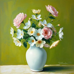 A picturesque Van Gogh style painting featuring a white matte vase filled with pastel-colored flowers like soft pinks, light blues, and yellows
