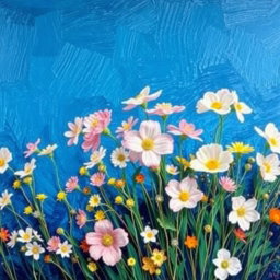 A panoramic painting in the style of Vincent van Gogh, featuring a vibrant array of pastel-colored flowers against a deep blue background
