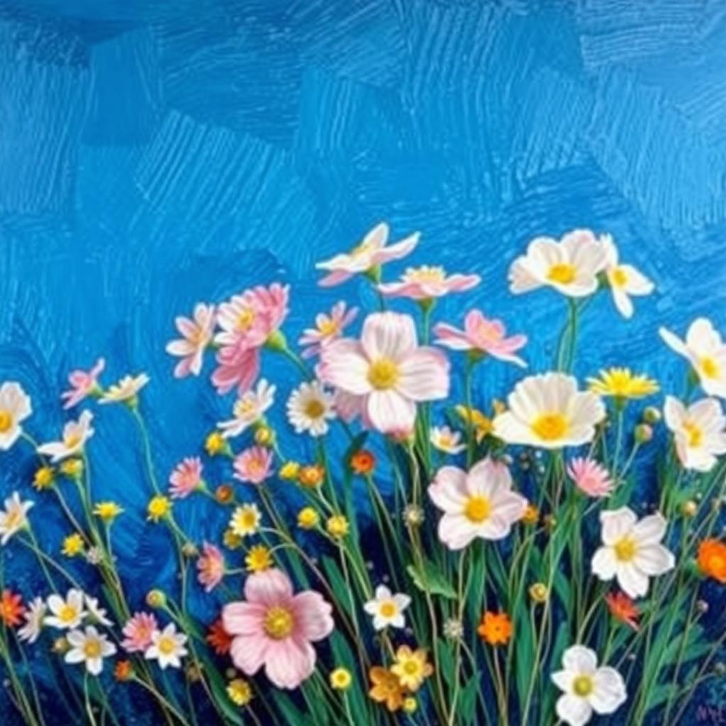 A panoramic painting in the style of Vincent van Gogh, featuring a vibrant array of pastel-colored flowers against a deep blue background