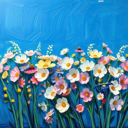 A panoramic painting in the style of Vincent van Gogh, featuring a vibrant array of pastel-colored flowers against a deep blue background