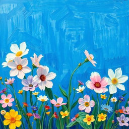 A panoramic painting in the style of Vincent van Gogh, featuring a vibrant array of pastel-colored flowers against a deep blue background