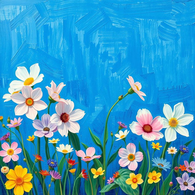 A panoramic painting in the style of Vincent van Gogh, featuring a vibrant array of pastel-colored flowers against a deep blue background