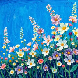A panoramic painting in the style of Vincent van Gogh, featuring a vibrant array of pastel-colored flowers against a deep blue background